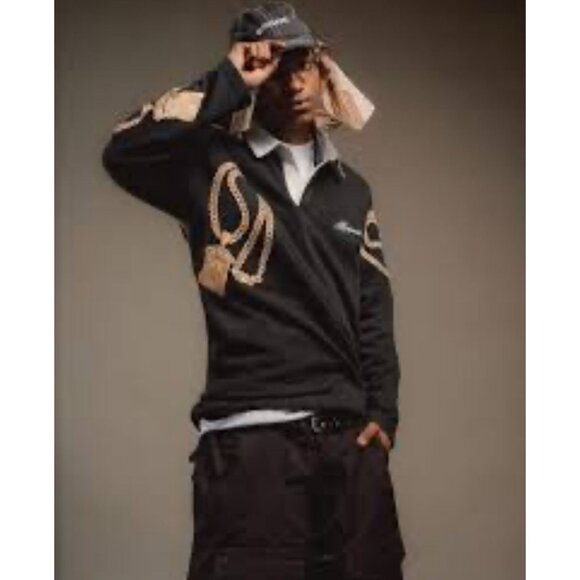 Brigade Mens Jesus Piece Rugby Shirt Black Gold Chain Embroidered Cotton Sze 2XL - Picture 2 of 11